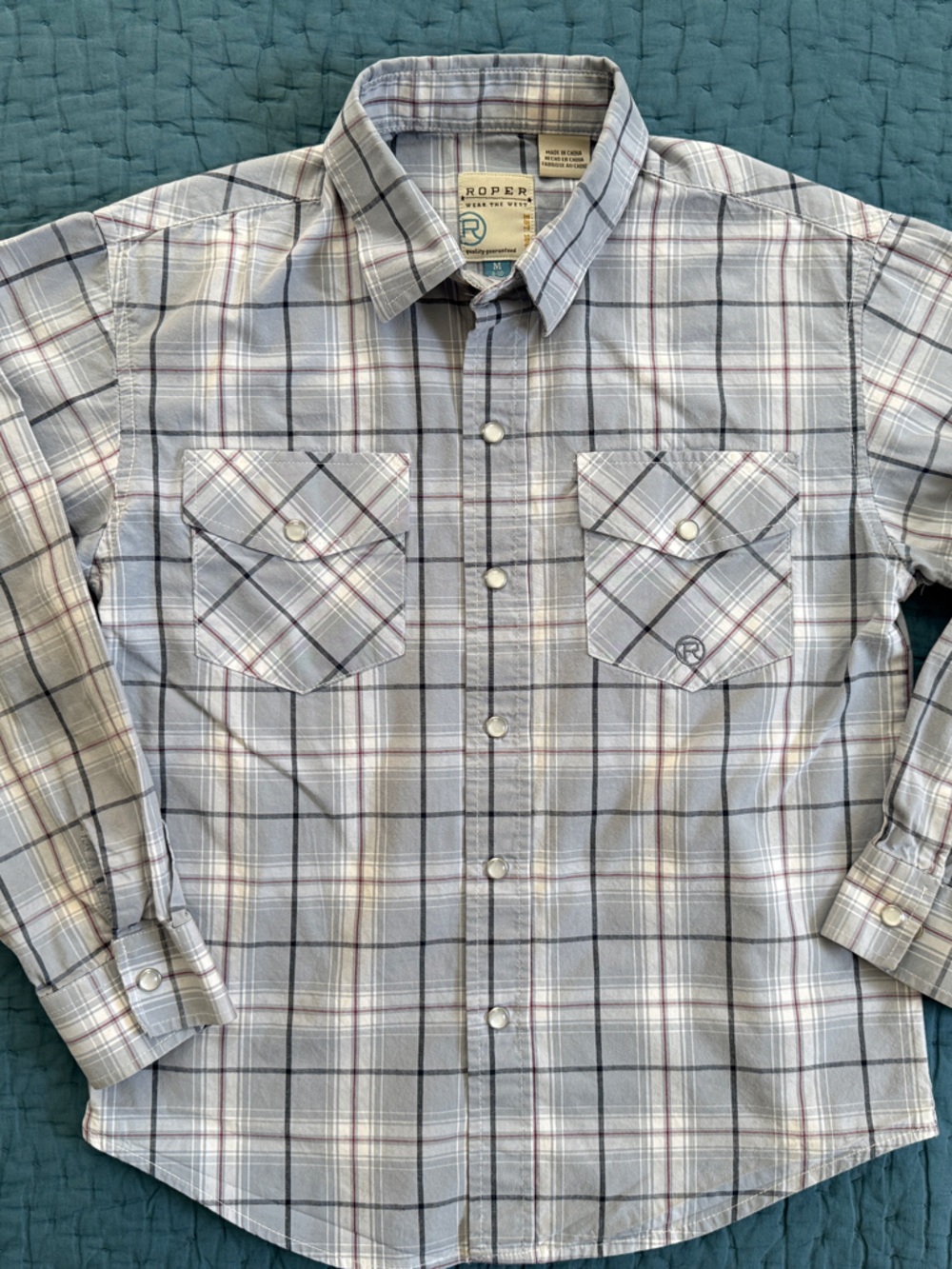 Wrangler/Roper Boy’s Light Gray and Blue Plaid Cotton Snap Button-Down Shirt